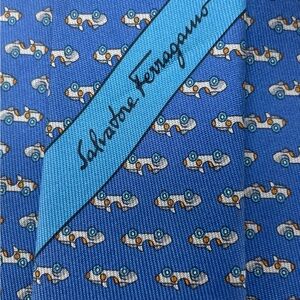 Salvatore Ferragamo 100% Silk Blue Car Motif Tie